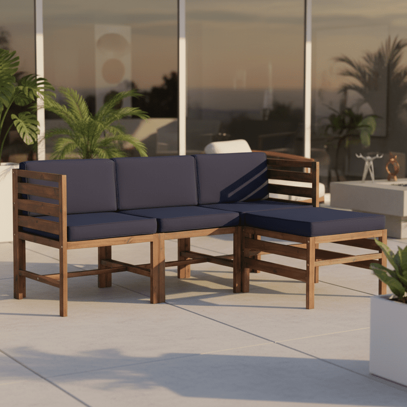 Walker Edison Sanibel 4 - Piece Acacia Wood Outdoor Sectional with Ottoman - Weather - Resistant Modular Lounge Set