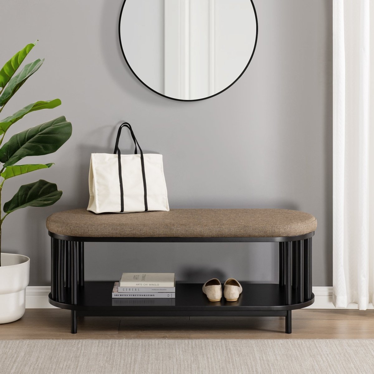 Walker Edison Scandi Upholstered - Top Storage Bench with Lower Shelf