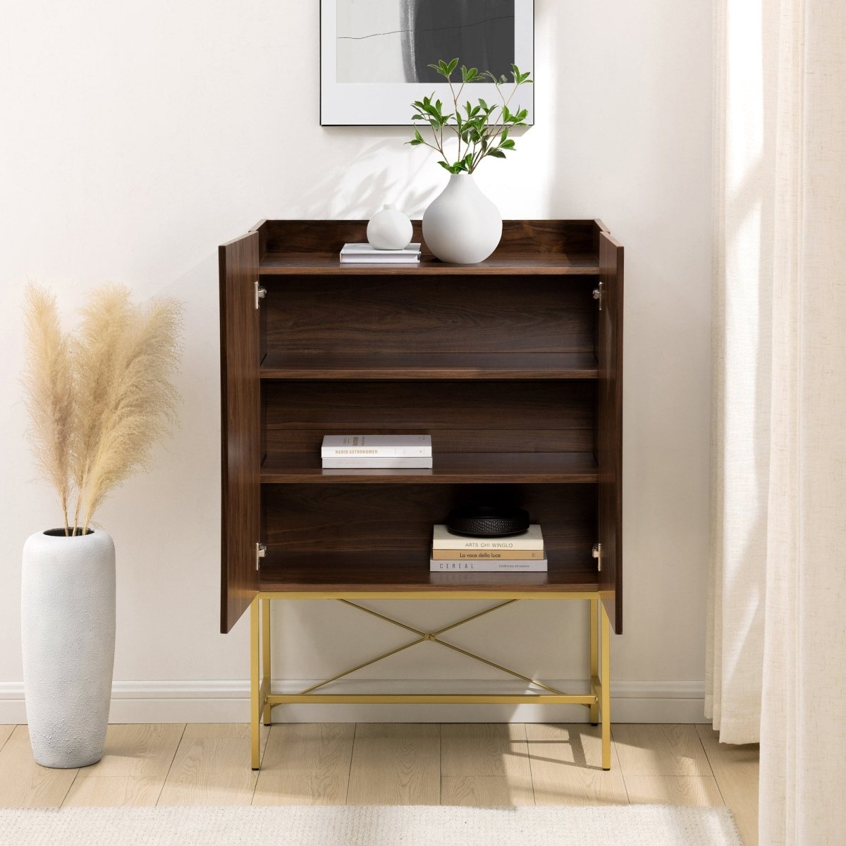 Walker Edison Tiki Contemporary Bookmatch - Doors Tall Accent Cabinet with Inset Top
