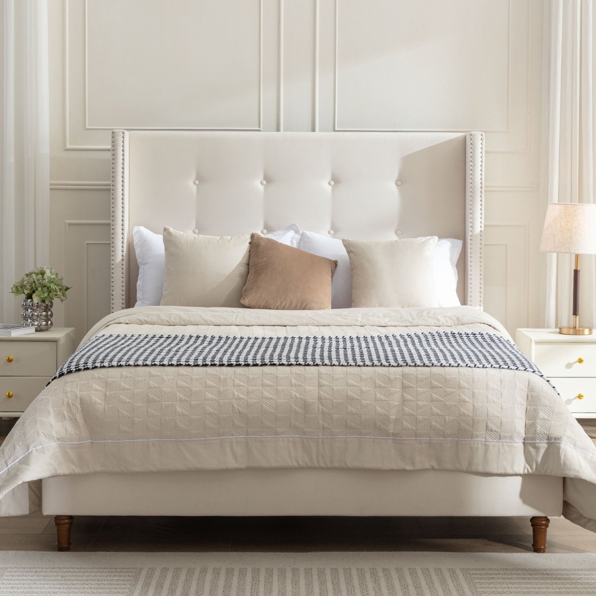 Walker Edison Traditional Peyton Upholstered 54" High Headboard King Bed