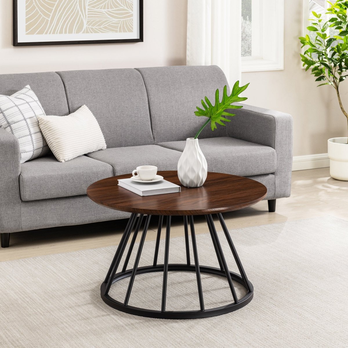 Walker Edison Vivian Modern Round Coffee Table with Metal Base