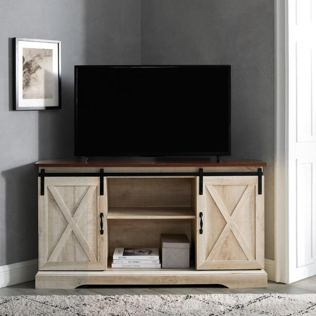 Walker Edison Walker Edison 52" Corner TV Stand - Rustic Barn Door MDF