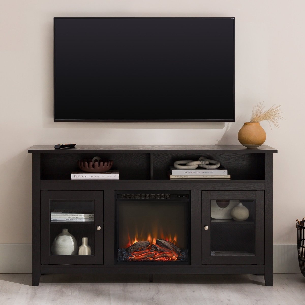 Walker Edison Wasatch 58" Transitional Fireplace Glass Wood TV Stand