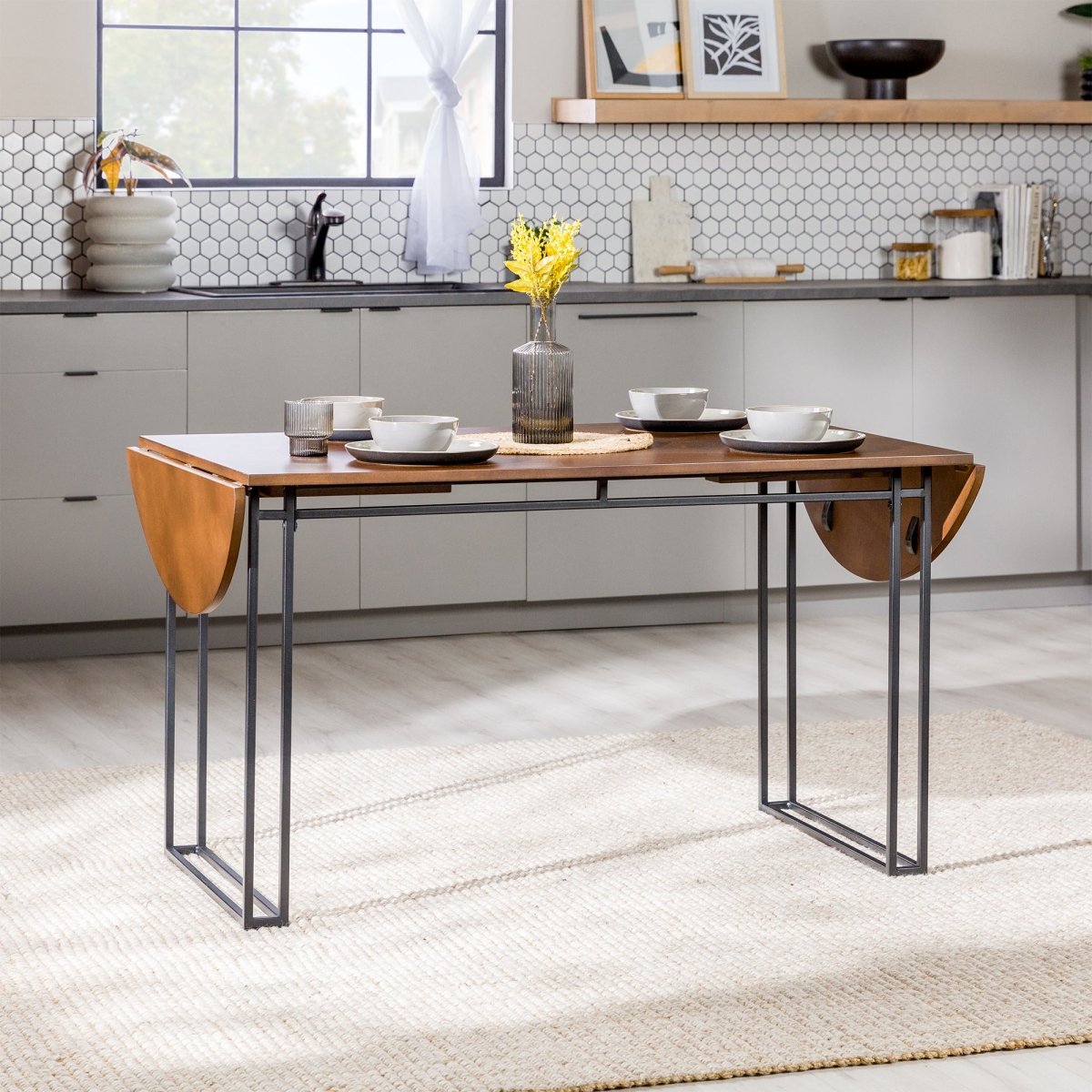 Walker Edison Weber Drop Leaf Dining Table - Expandable 52 - 72" Oval MDF Steel