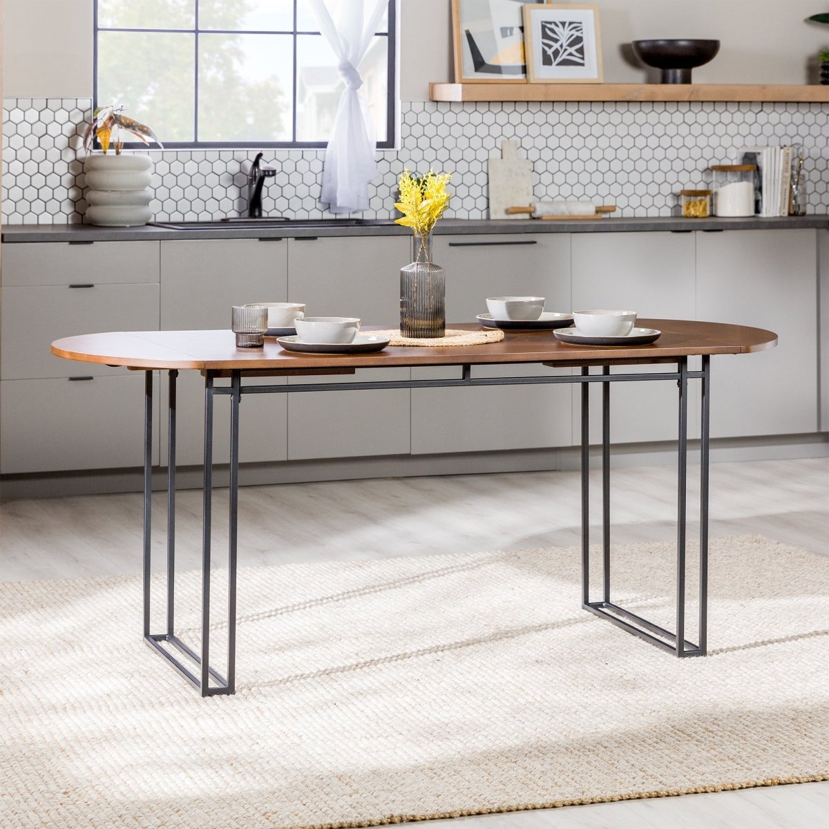 Walker Edison Weber Drop Leaf Dining Table - Expandable 52 - 72" Oval MDF Steel