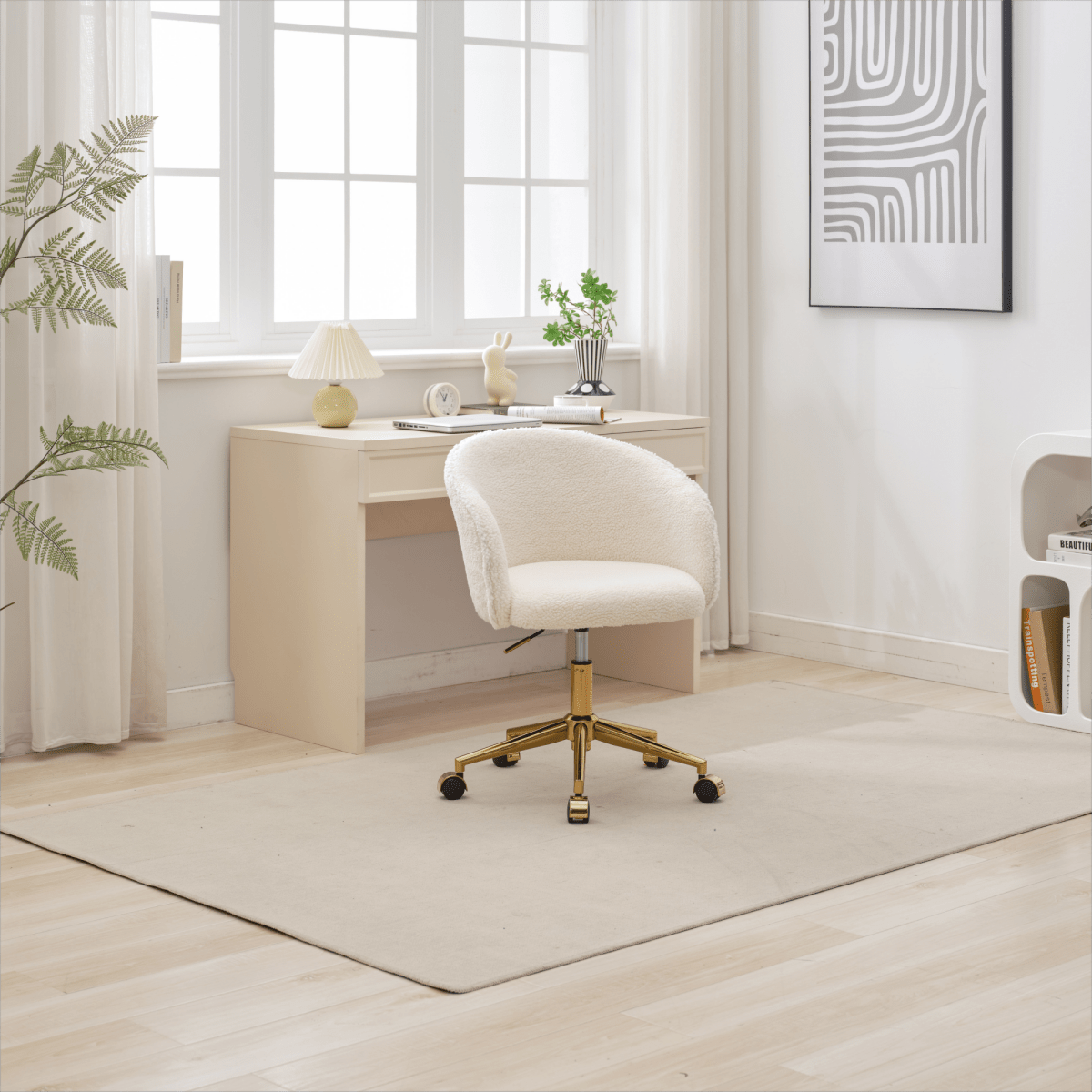Walker Edison White Teddy Modern Desk Chair with Gold Rolling Base