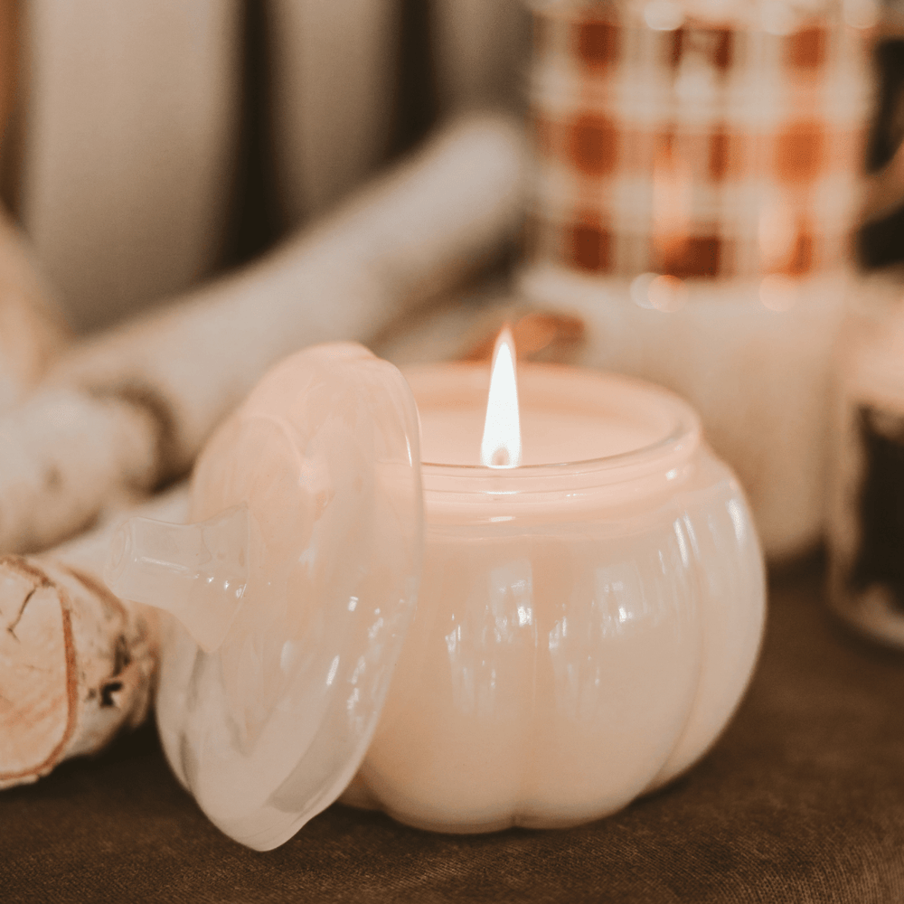 Sweet Water Decor Warm and Cozy Soy Candle - White Translucent Glass Pumpkin Jar - 20 oz - lily & onyx