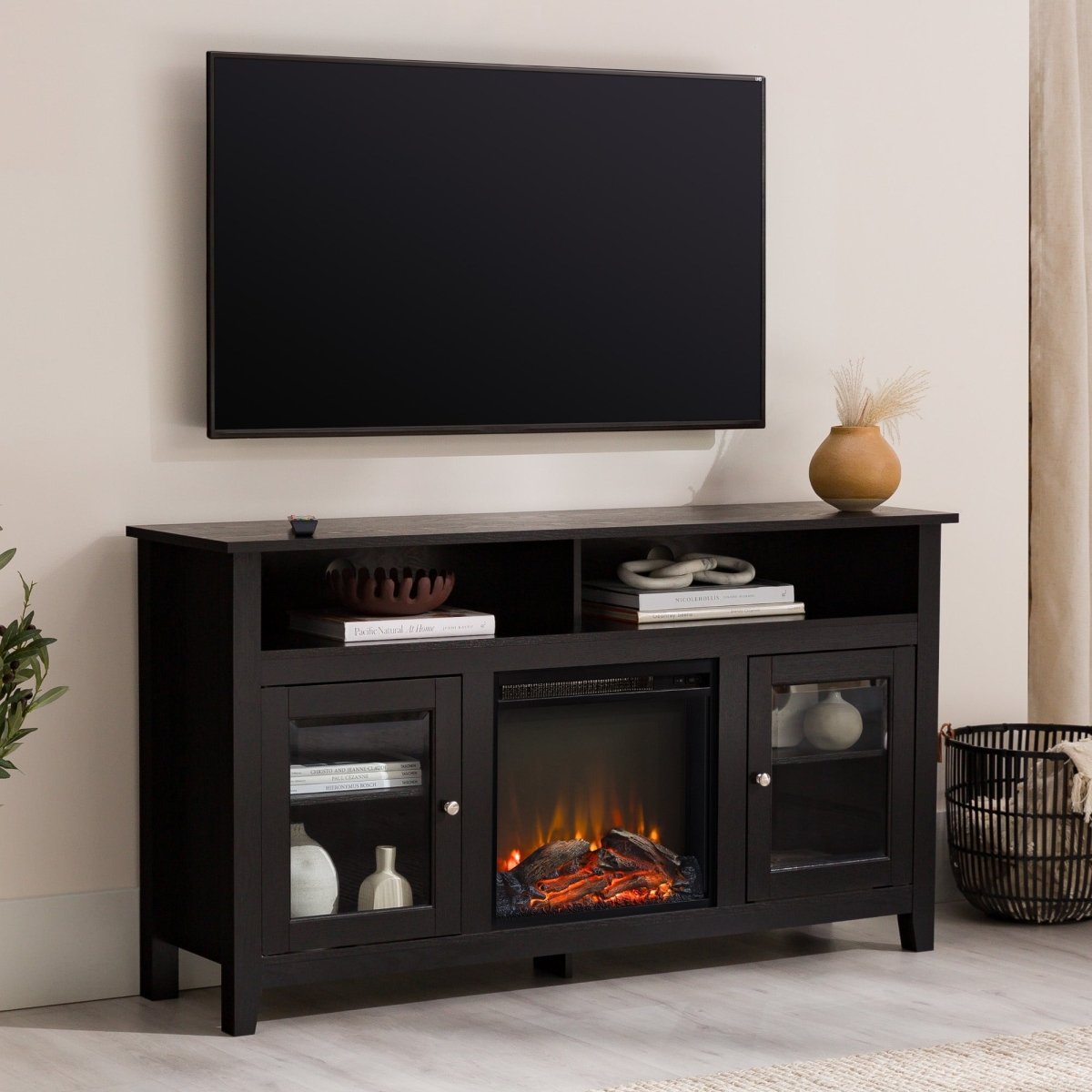 Walker Edison Wasatch 58" Transitional Fireplace Glass Wood TV Stand - lily & onyx