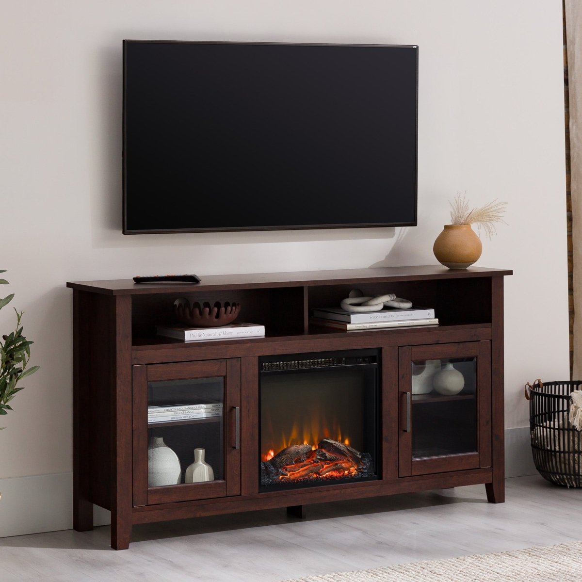 Walker Edison Wasatch 58" Transitional Fireplace Glass Wood TV Stand - lily & onyx