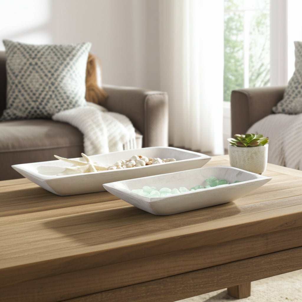 Sagebrook Home White Wood Rectangular Tray Bowl, Set of 2