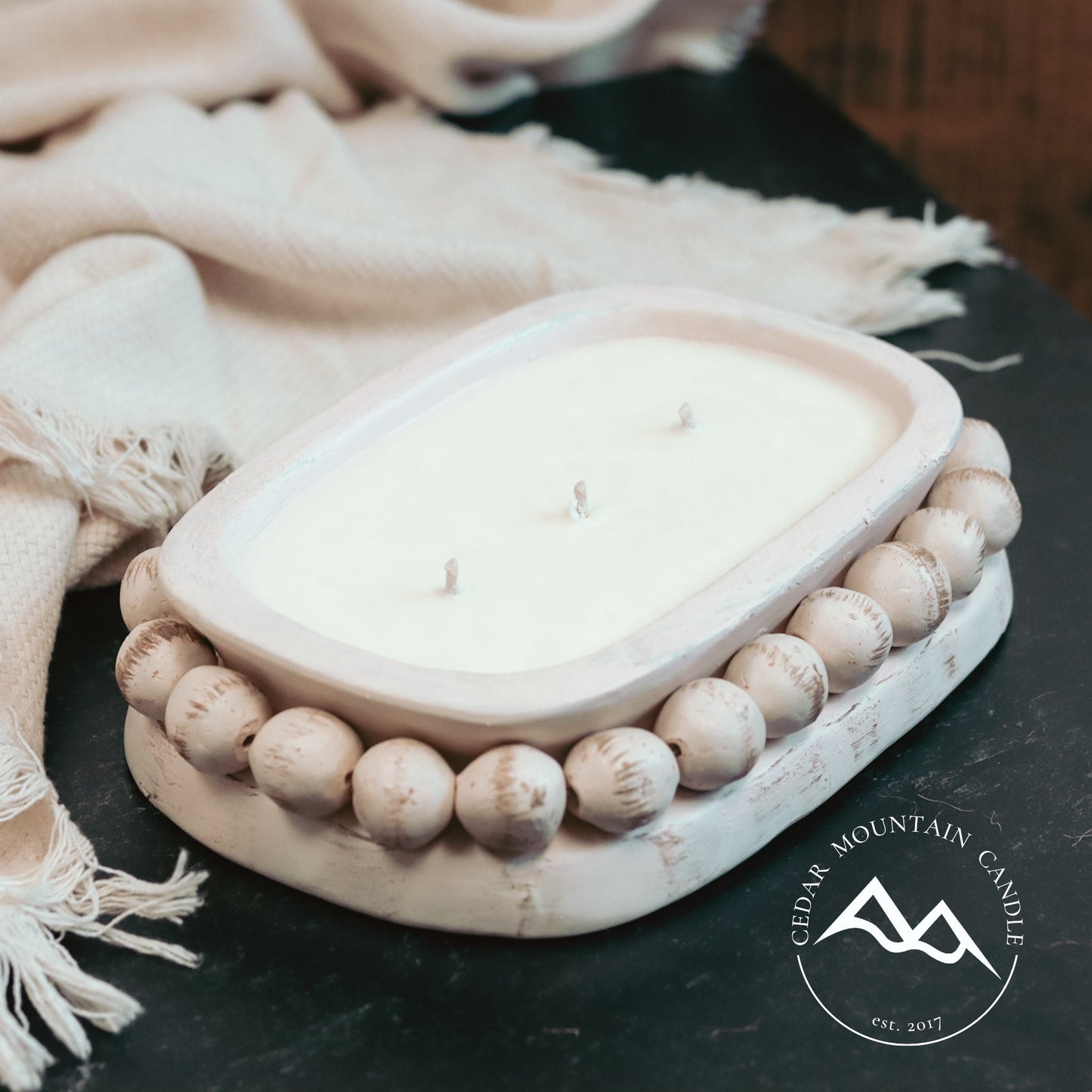 3 Wick Pottery Dough Bowl Soy Candle With Beads