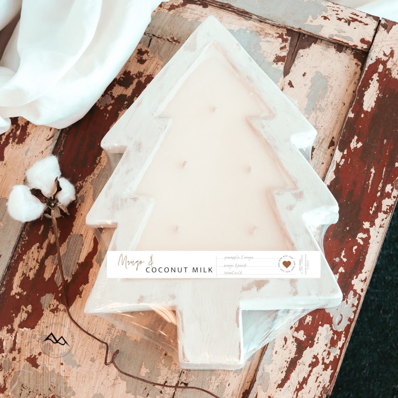 Distressed White Wood Tree Dough Bowl Candle