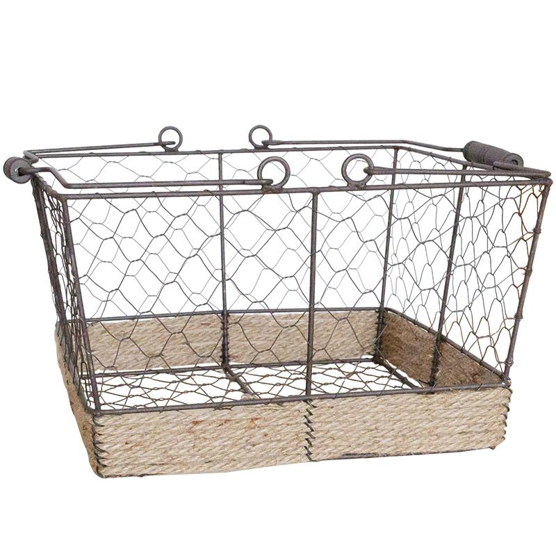 RusticReach Wire Carry Basket With Rectangular Hemp Rope Bottom - lily & onyx