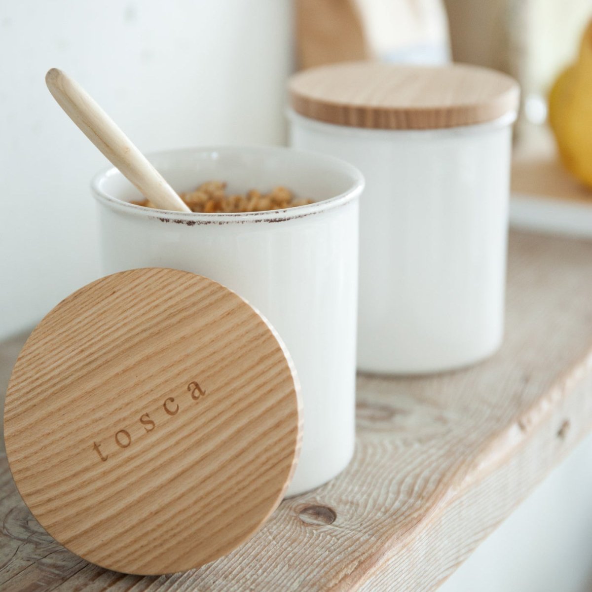 Yamazaki Home Ceramic Storage Canister with Wood Lid