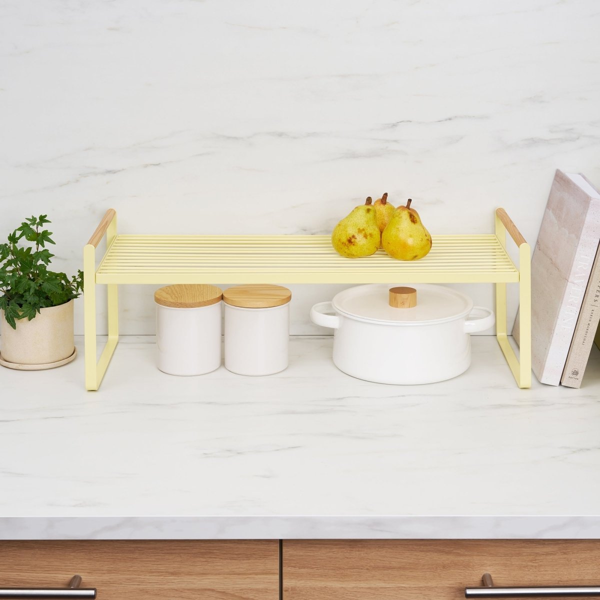 Yamazaki Home Countertop Steel Wire Shelf with Wood Handles, Yellow Pear