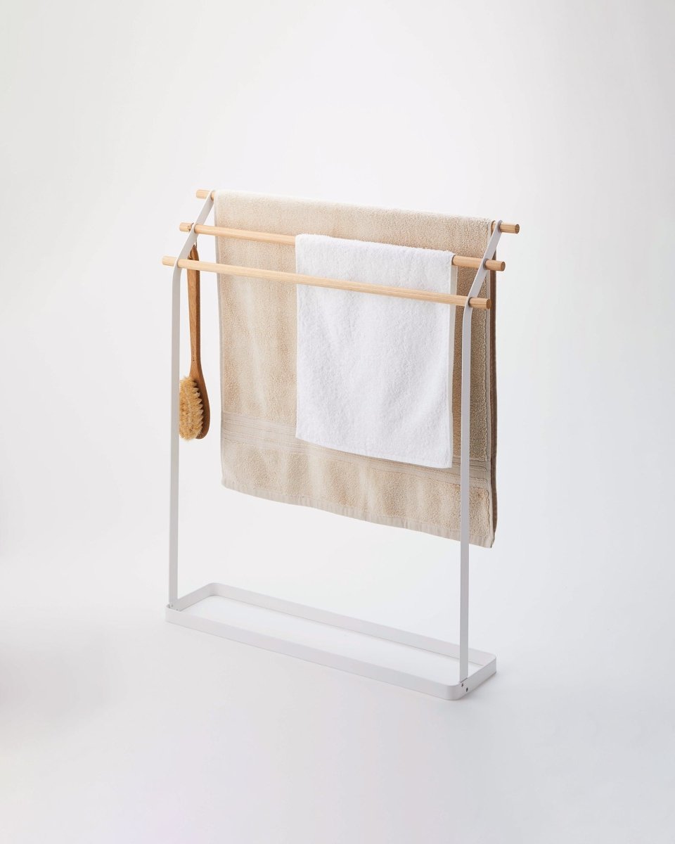 Yamazaki Home Free - Standing Bath Towel Rack with Wood Rods, 32" H