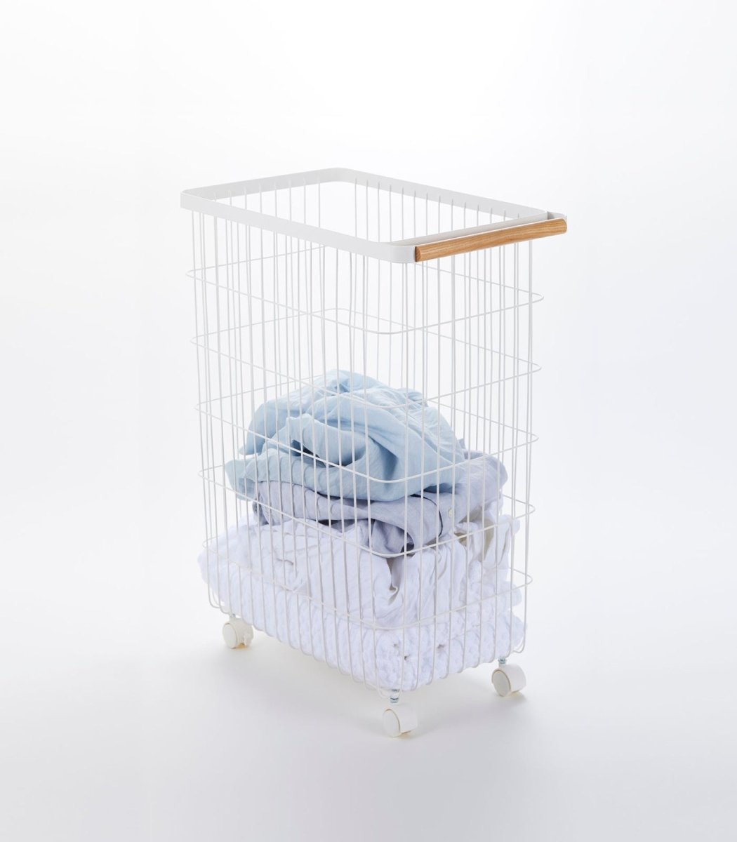 Yamazaki Home Rolling Steel Wire Laundry Basket with Wood Handle, 24" H