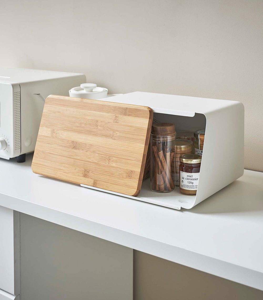 Steel Bread Box with Wood Cutting Board Lid