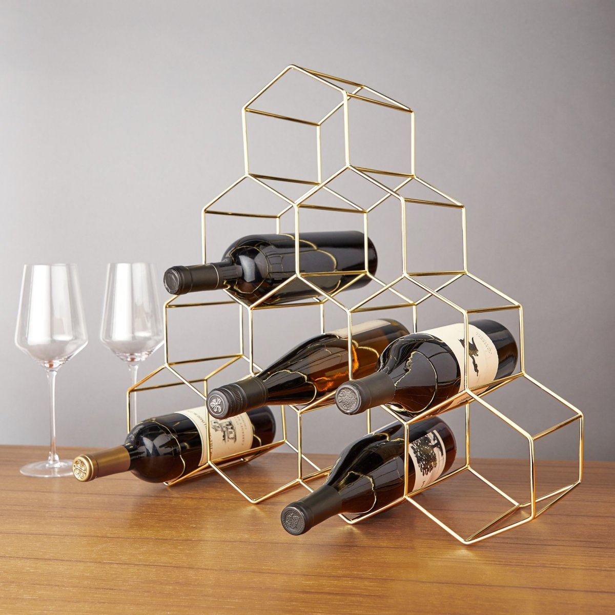 Viski 10-Bottle Gold Geometric Honeycomb Wine Rack - lily & onyx