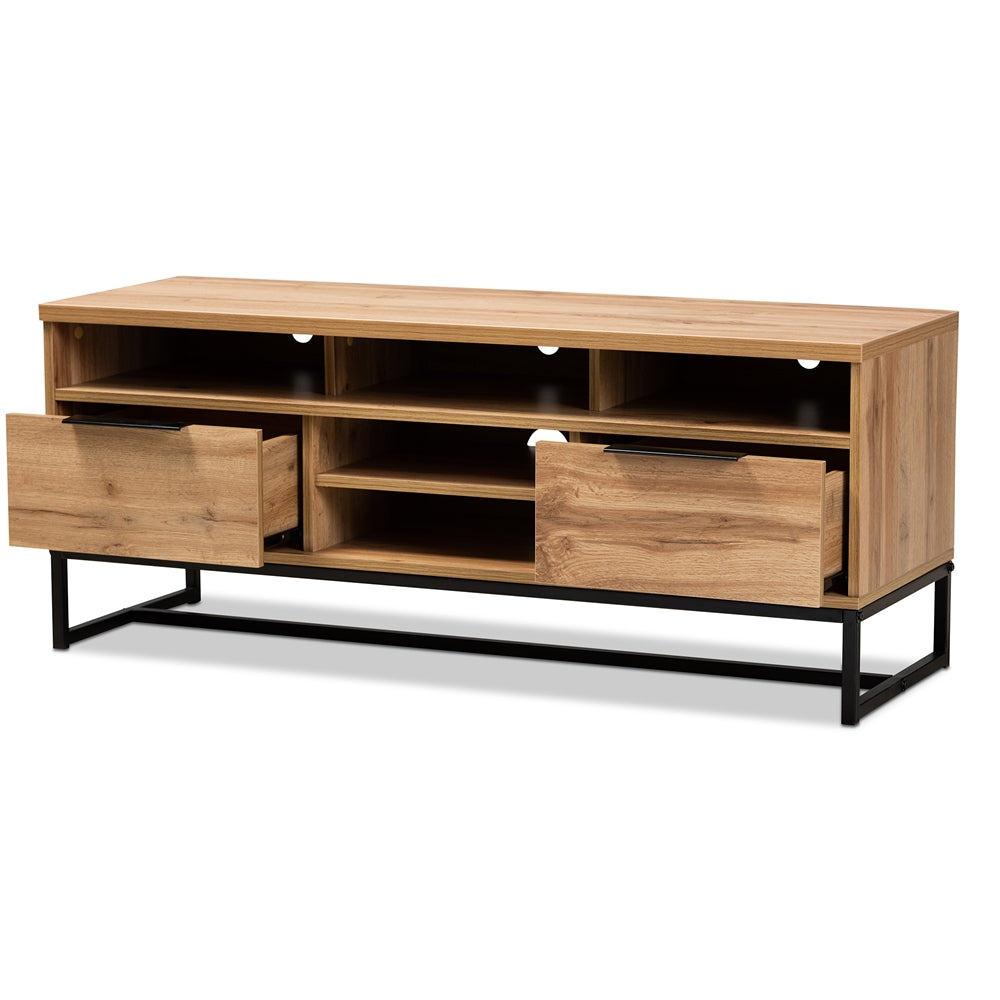 Baxton Studio Industrial Oak Finished Wood And Black Metal 2 Drawer Tv Stand - lily & onyx