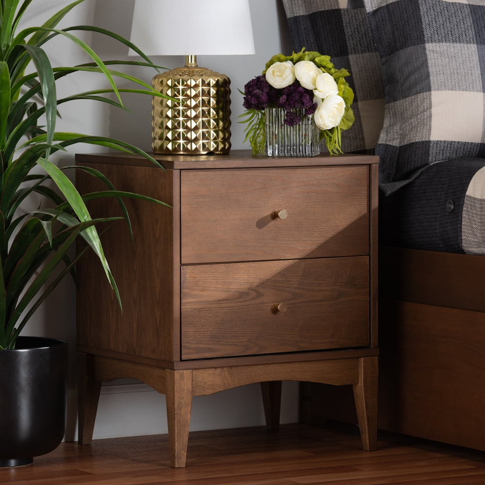 Baxton Studio Landis Mid Century Modern Ash Walnut Finished Wood 2 Drawer Nightstand - lily & onyx