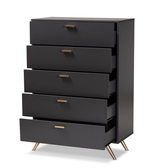 Baxton Studio Kelson Modern And Contemporary Dark Gray And Gold Finished Wood 5 Drawer Chest - lily & onyx