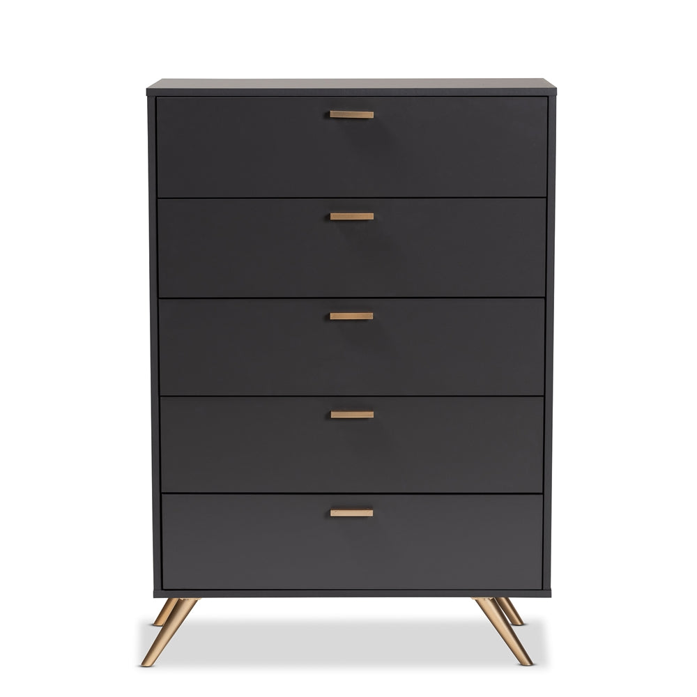 Baxton Studio Kelson Modern And Contemporary Dark Gray And Gold Finished Wood 5 Drawer Chest - lily & onyx