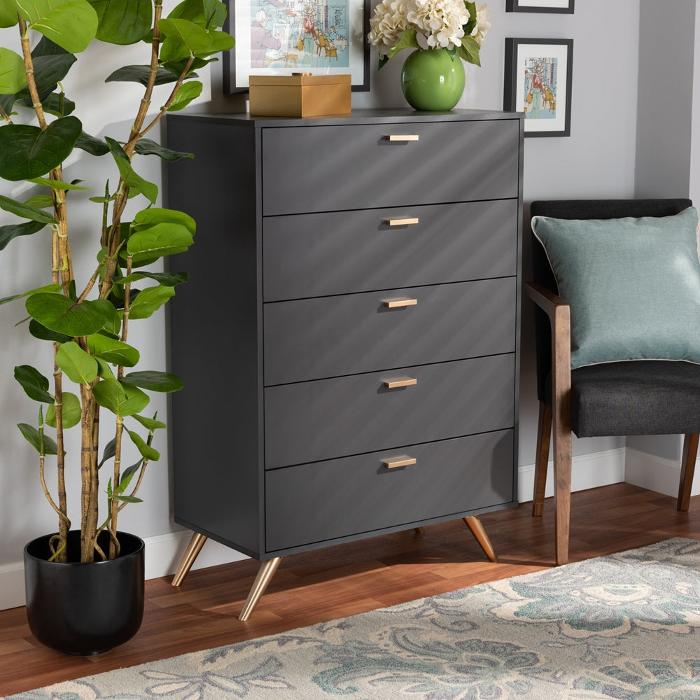 Baxton Studio Kelson Modern And Contemporary Dark Gray And Gold Finished Wood 5 Drawer Chest - lily & onyx