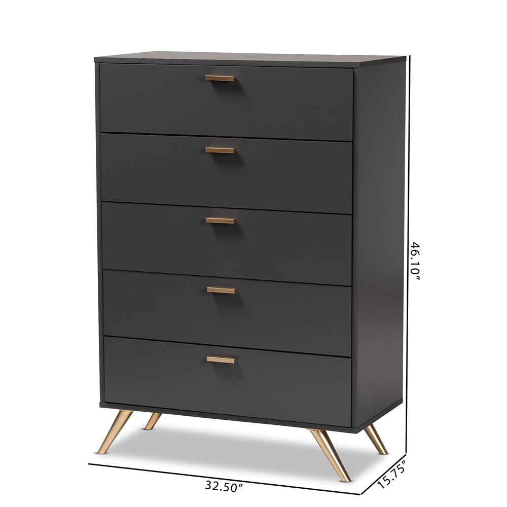 Baxton Studio Kelson Modern And Contemporary Dark Gray And Gold Finished Wood 5 Drawer Chest - lily & onyx