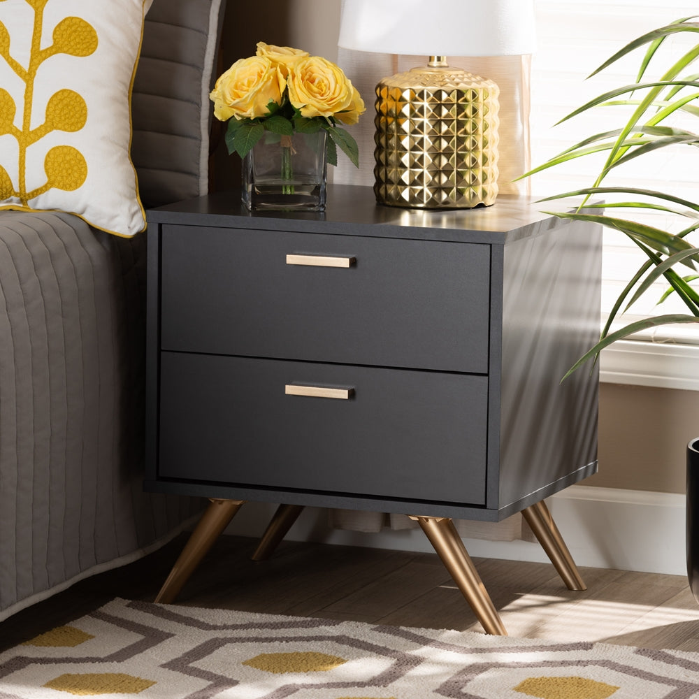 Dark Wood & Gold Double Drawer Desk