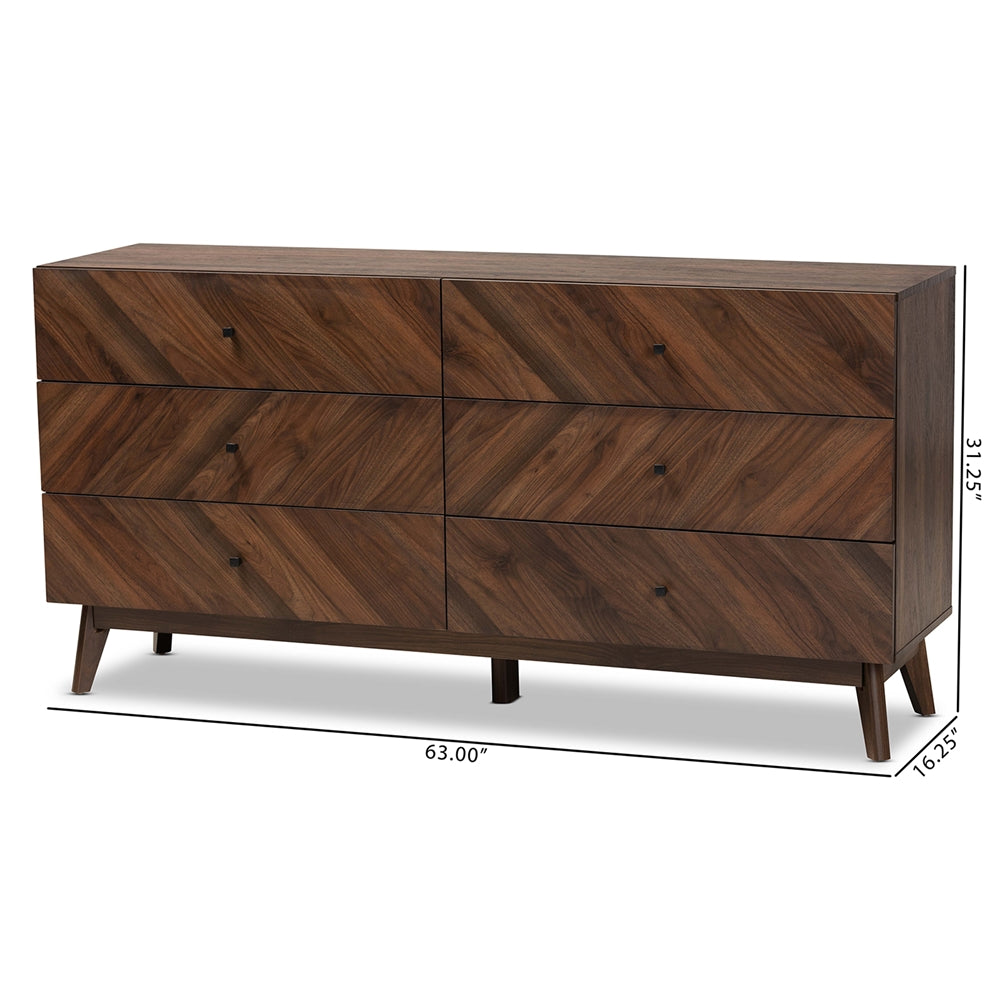 
                      
                        Baxton Studio Hartman Mid Century Modern Walnut Brown Finished Wood 6 Drawer Dresser - lily & onyx
                      
                    