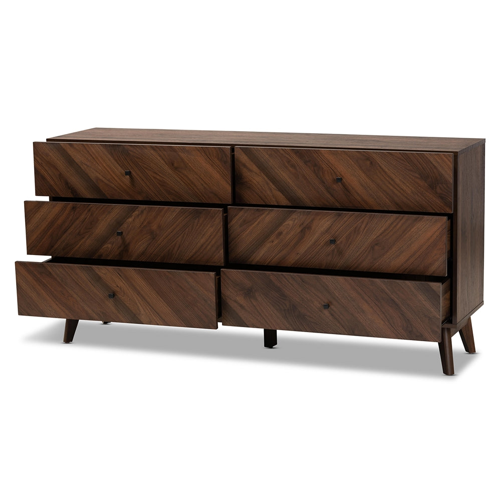 
                      
                        Baxton Studio Hartman Mid Century Modern Walnut Brown Finished Wood 6 Drawer Dresser - lily & onyx
                      
                    