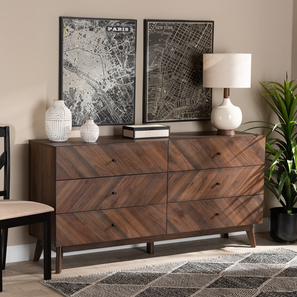 Baxton Studio Hartman Mid Century Modern Walnut Brown Finished Wood 6 Drawer Dresser - lily & onyx