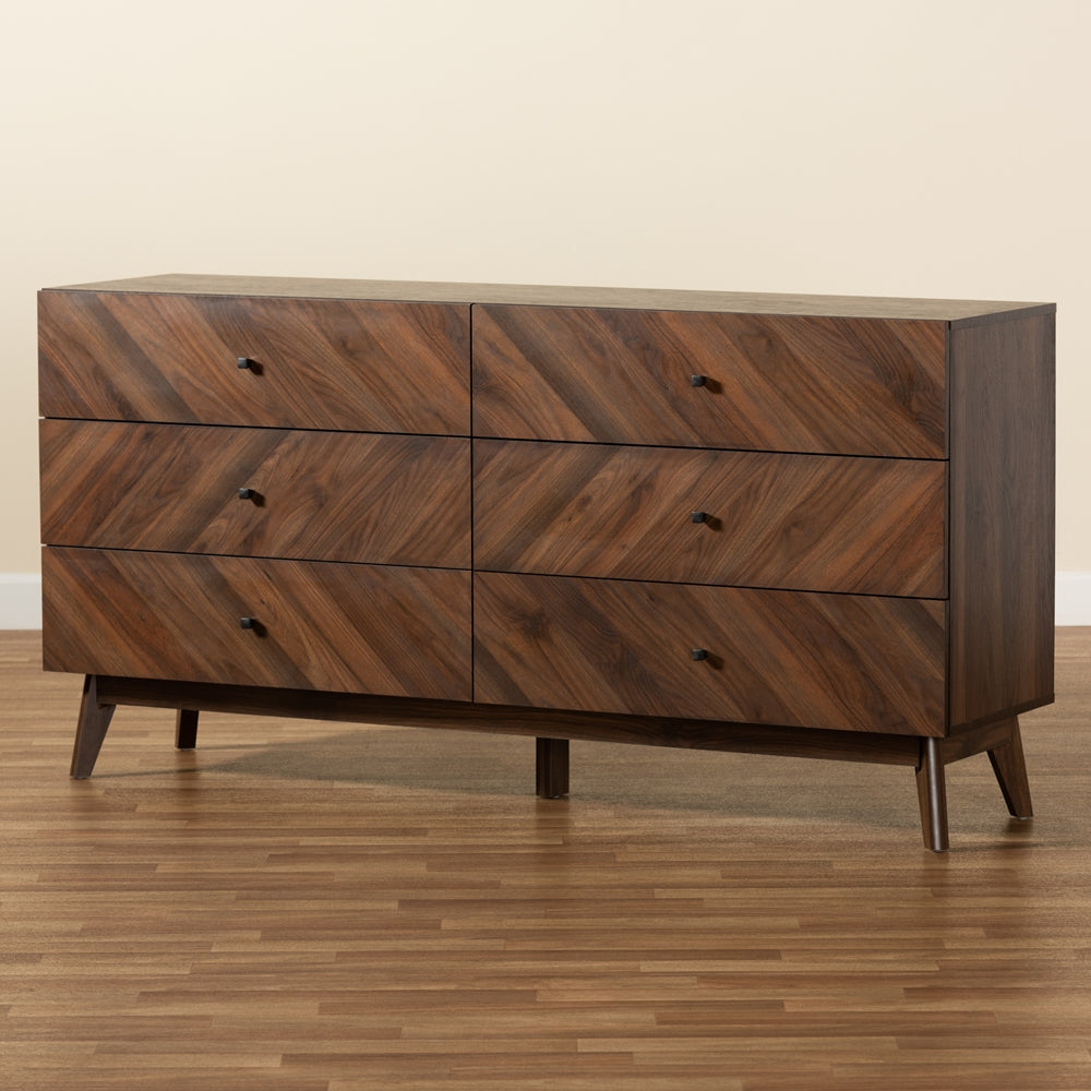 
                      
                        Baxton Studio Hartman Mid Century Modern Walnut Brown Finished Wood 6 Drawer Dresser - lily & onyx
                      
                    