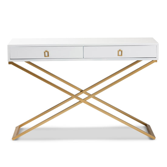Baxton Studio Madan Modern And Contemporary White Finished Wood And Gold Metal 2 Drawer Console Table - lily & onyx