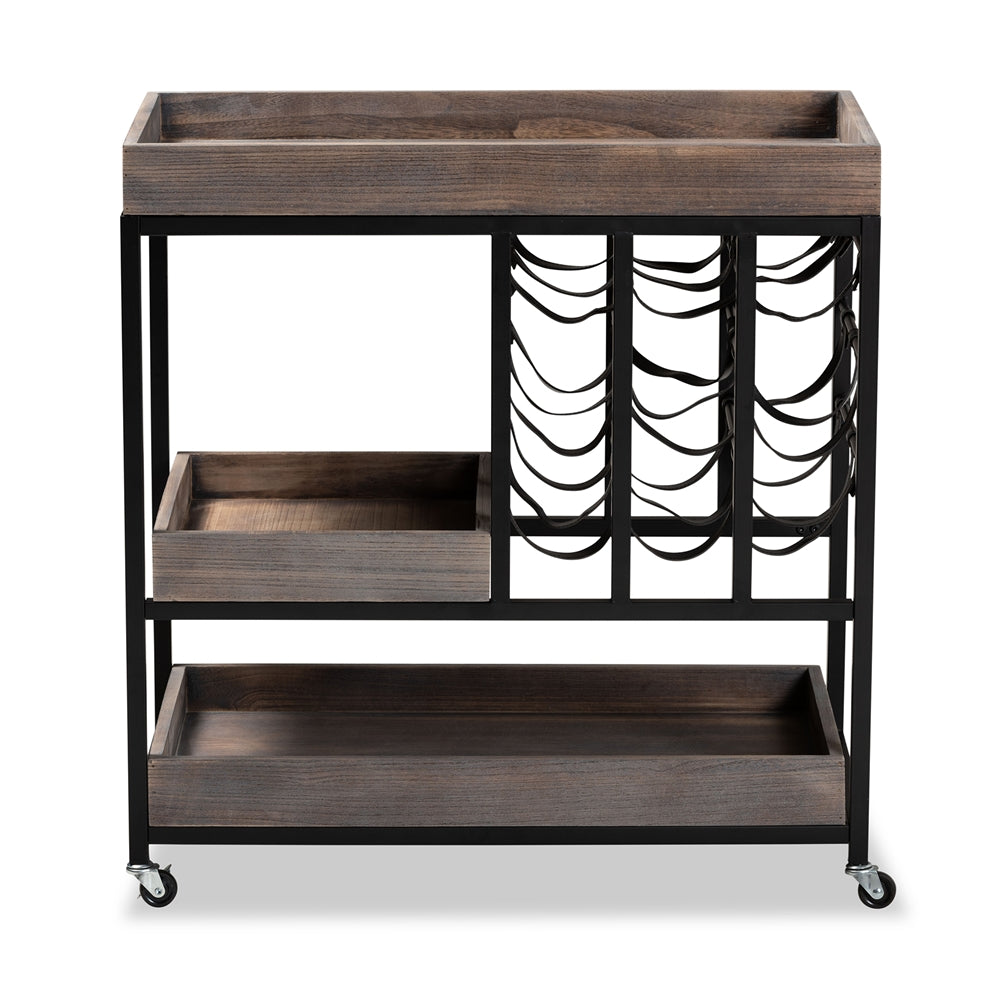 Load image into Gallery viewer, Baxton Studio Laine Modern Industrial Charcoal Finished Wood And Black Metal Wine Cart - lily &amp;amp; onyx
