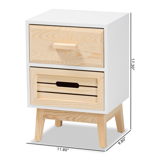 Baxton Studio Kalida Mid Century Modern Two Tone White And Oak Brown Finished Wood 2 Drawer Nightstand - lily & onyx