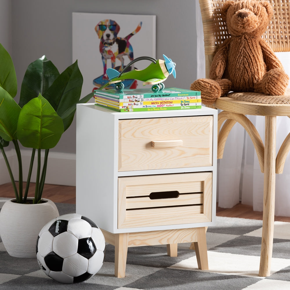 
                      
                        Baxton Studio Kalida Mid Century Modern Two Tone White And Oak Brown Finished Wood 2 Drawer Nightstand - lily & onyx
                      
                    