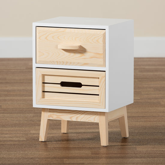 Baxton Studio Kalida Mid Century Modern Two Tone White And Oak Brown Finished Wood 2 Drawer Nightstand - lily & onyx