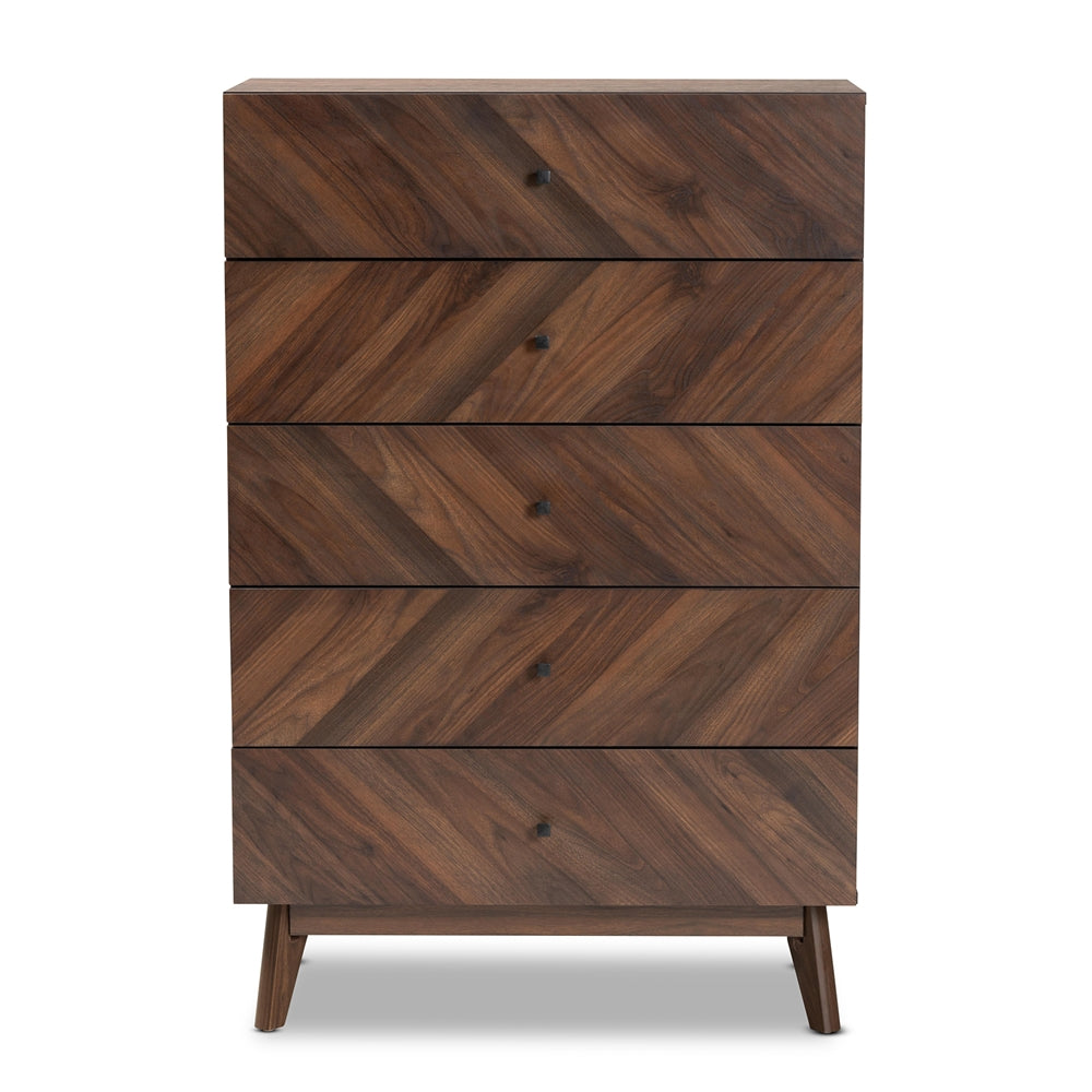 Baxton Studio Hartman Mid Century Modern Walnut Brown Finished Wood 5 Drawer Storage Chest - lily & onyx