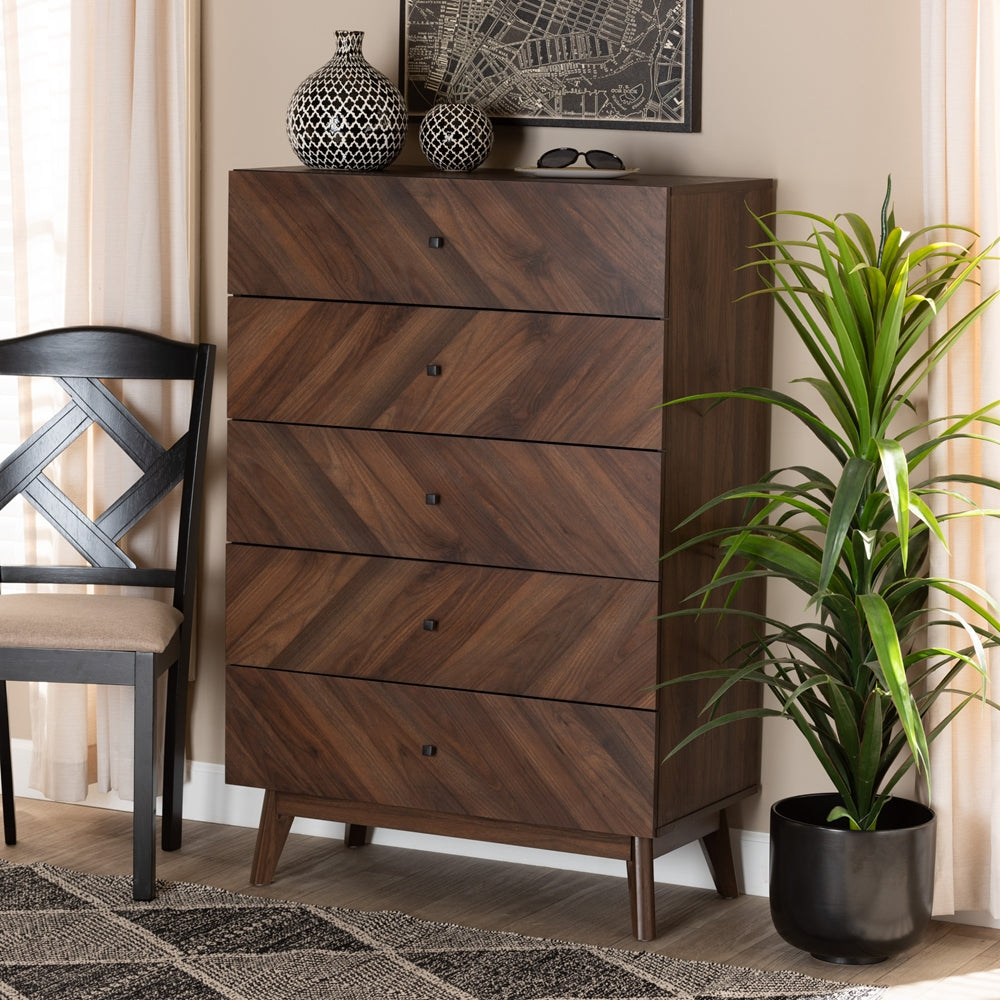 Baxton Studio Hartman Mid Century Modern Walnut Brown Finished Wood 5 Drawer Storage Chest - lily & onyx