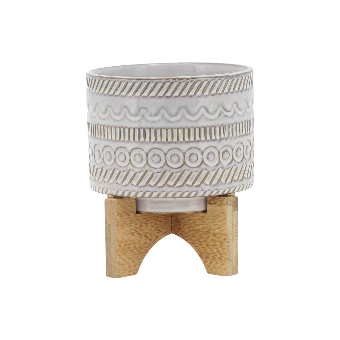 Sagebrook Home Ivory Ceramic Planter with Tribal Inspired Design and Wood Stand - lily & onyx