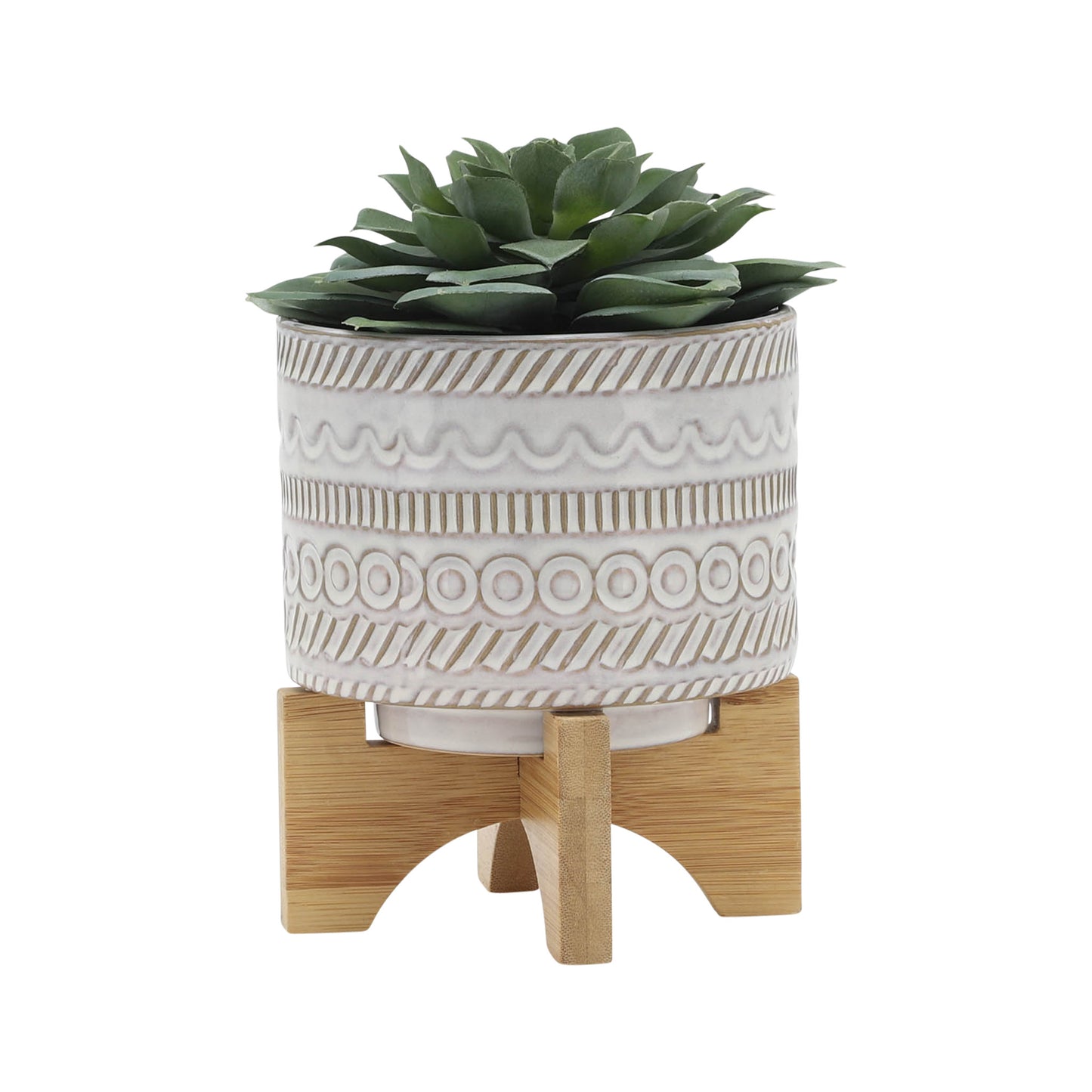 Sagebrook Home Ivory Ceramic Planter with Tribal Inspired Design and Wood Stand - lily & onyx