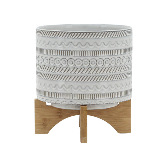 Sagebrook Home Ivory Ceramic Planter with Tribal Inspired Design and Wood Stand - lily & onyx