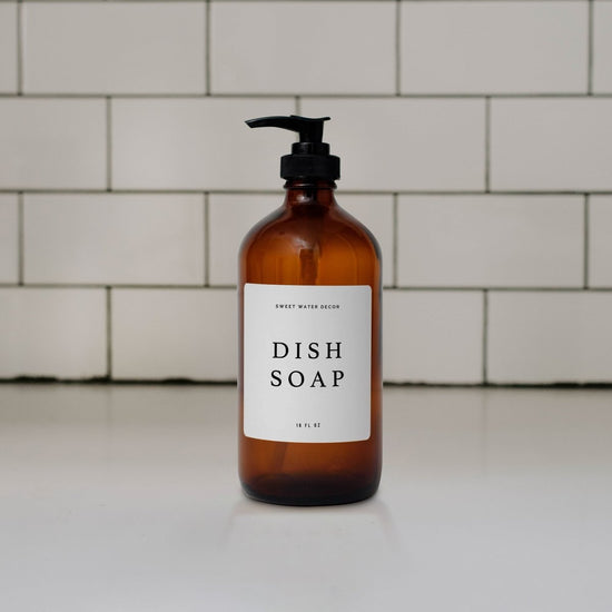 Load image into Gallery viewer, Sweet Water Decor 16oz Amber Glass Dish Soap Dispenser - White Text Label - lily &amp;amp; onyx
