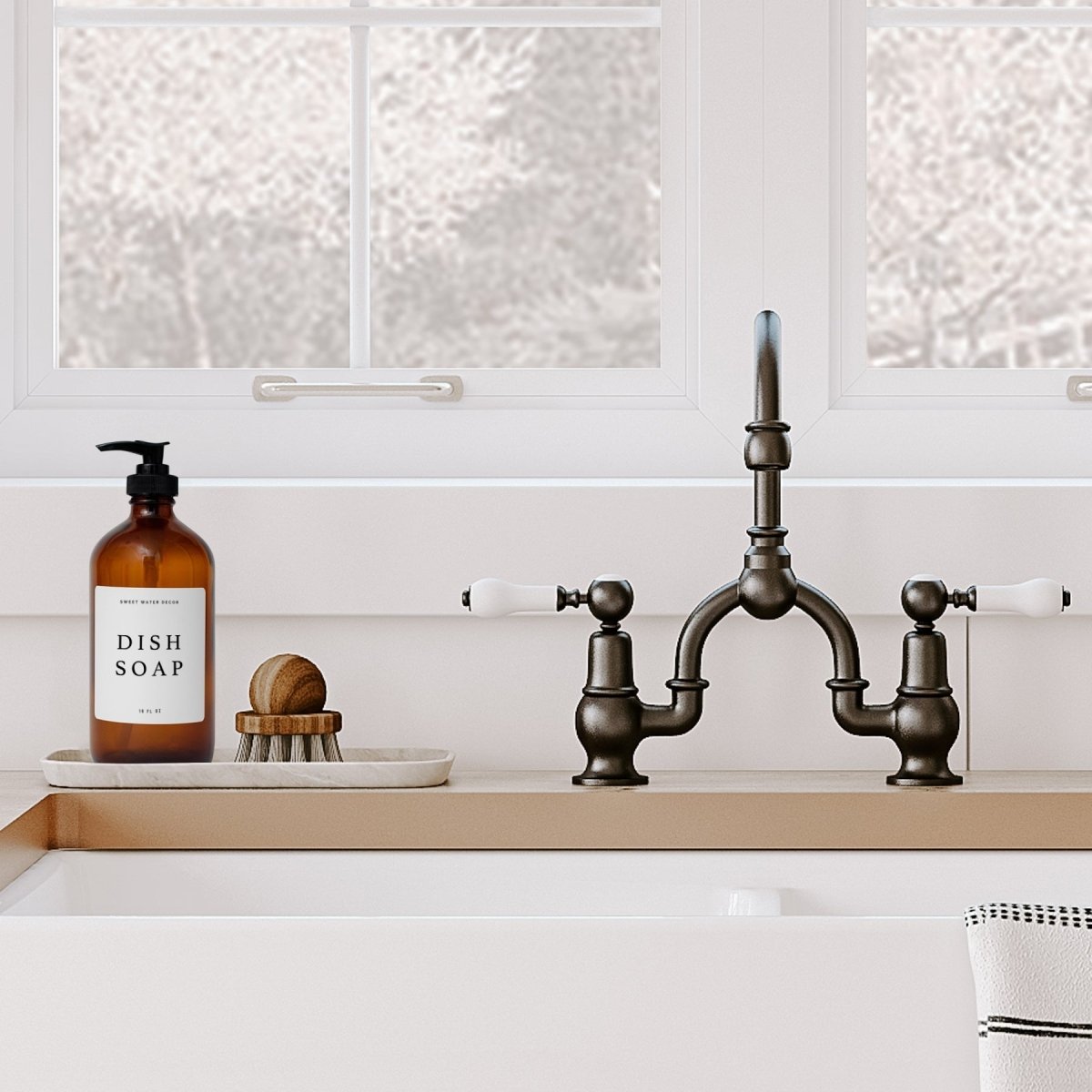 Sweet Water Decor Amber Glass White Text Label Dish Soap Dispenser - 16oz