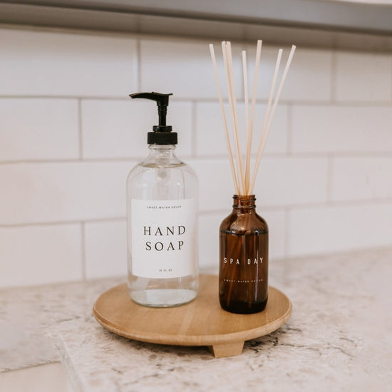 Load image into Gallery viewer, Sweet Water Decor 16oz Clear Glass Hand Soap Dispenser - White Text Label - lily &amp;amp; onyx
