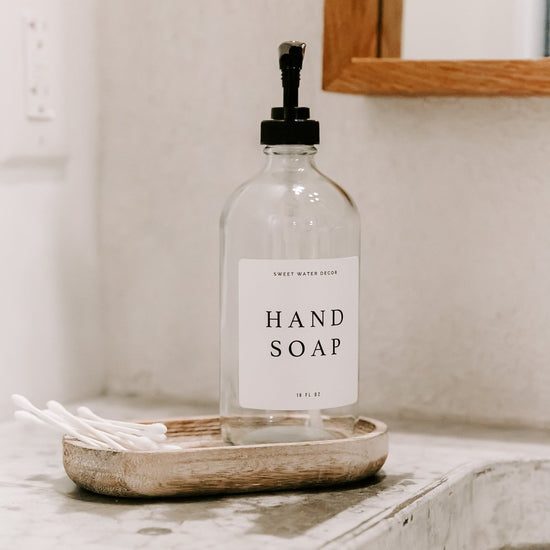 Load image into Gallery viewer, Sweet Water Decor 16oz Clear Glass Hand Soap Dispenser - White Text Label - lily &amp;amp; onyx
