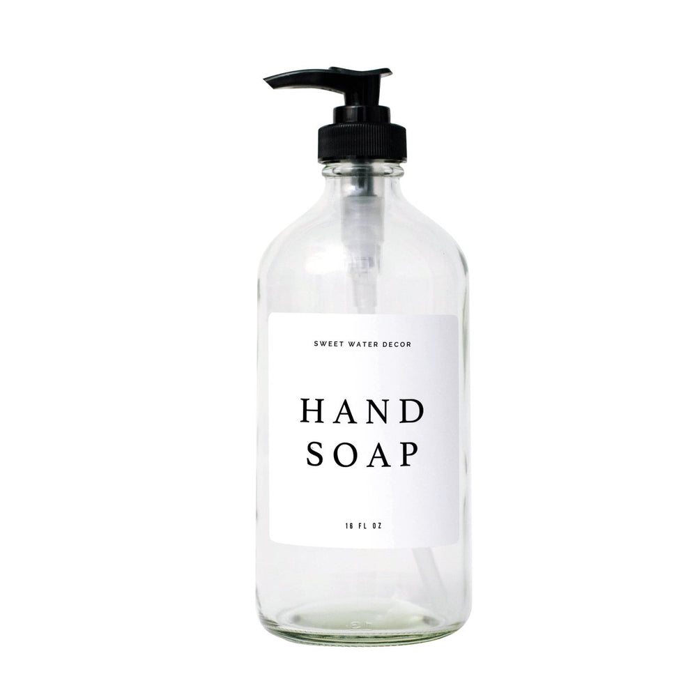 
                      
                        Sweet Water Decor 16oz Clear Glass Hand Soap Dispenser - White Text Label - lily & onyx
                      
                    