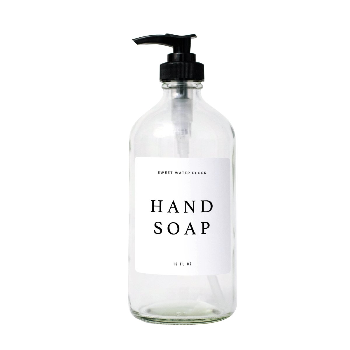 Sweet Water Decor 16oz Clear Glass Hand Soap Dispenser - White Text Label - lily & onyx